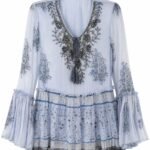 Tunică/Ie Albastru-Seren din Voal Mătăsos cu Broderie Prețioasă, Mărgele, Ciucuri și Mâneci Clopot