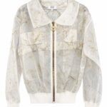 Jachetă Bomber Bize Albă-Translucidă din Meșă cu Imprimeu Aurit Tip Marmură/Kintsugi și Detalii Utilitare