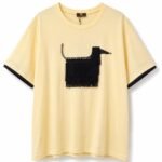 Tricou Galben-Pai din Bumbac cu Aplicație Avangardistă 3D Cățeluș din Franjuri, Cristale și Margini Negre Contrastante