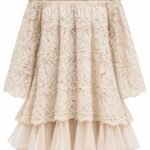 Rochie Scurtă Bej-Pudrat din Dantelă Brodată cu Sechine, Volane din Organza și Umeri Goali Bardot