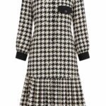 Rochie Midi Cămașă Alb-Negru cu Imprimeu Pied-de-Poule, Inserții din Fir Lurex Auriu, Fustă Plisată și Detalii Negre Contrastante