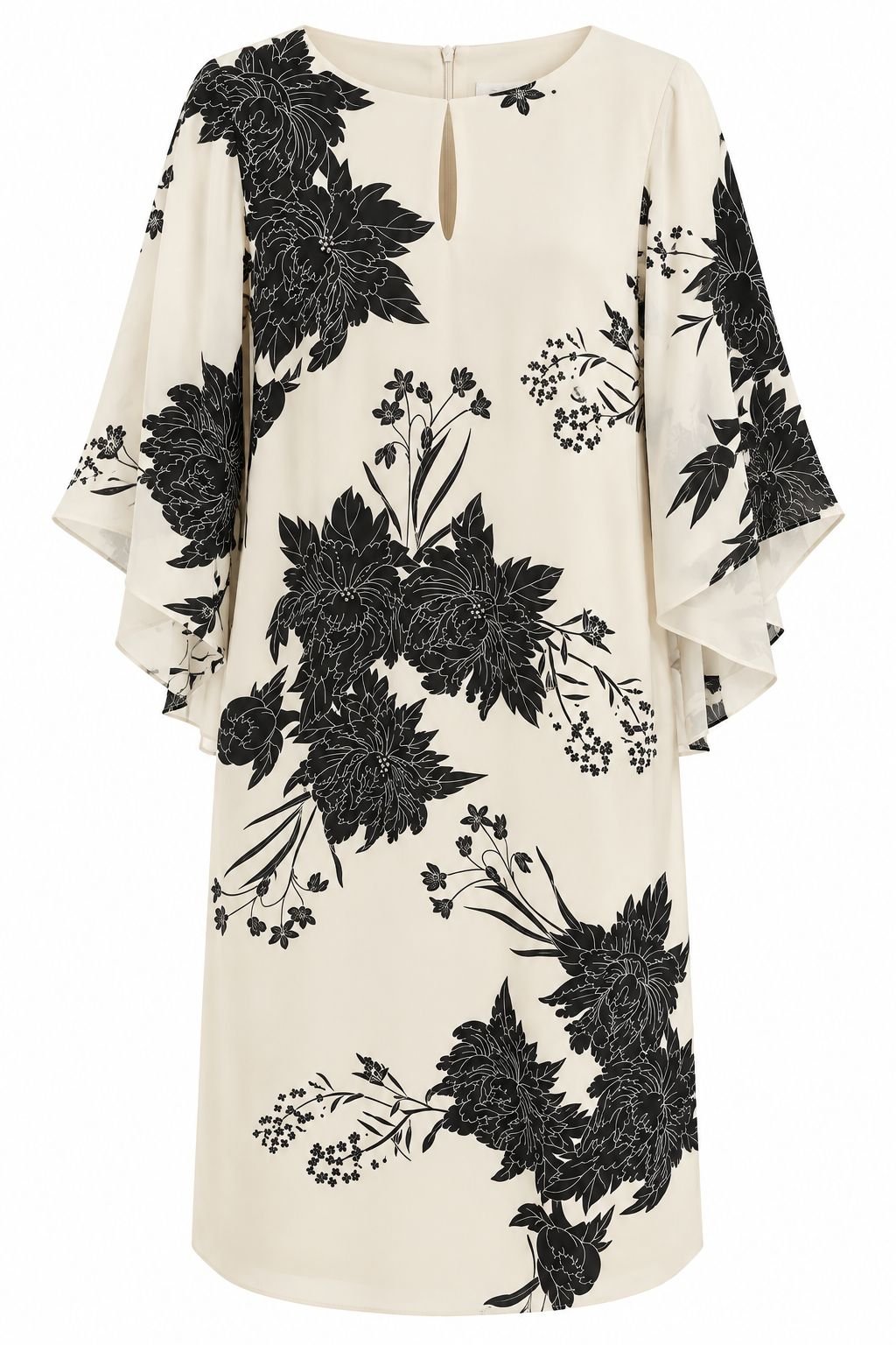 WhatsApp Image 2026-09-04 at 09.33.46 (4) Rochie Scurtă Alb-Ivoriu din Voal Chiffon cu Imprimeu Floral Grafic Negru, Decupaj Keyhole și Mâneci Clopot - imagine 1
