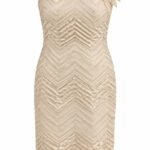 Rochie Scurtă Bej-Auriu din Taffeta cu Textură Zig-Zag Chevron Plisată 3D și Floare Sculpturală pe Umăr