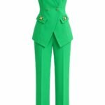 Costum Verde-Smarald din Două Piese din Stofa Fine Structured: Vestă Sculpturală cu Închidere La Două Rânduri și Pantaloni Cigarette Tailored