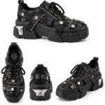 Sneakers Hibrizi Negru-Cărbune din Tweed Bouclé cu Ham din Piele, Fermoare Deconstruite și Placă Metalică Sculpturală la Călcâi