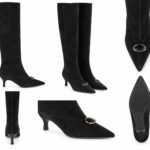 Cizme Înalte Negre din Piele Întoarsă (Suede) cu Vârf Ascuțit, Toc Kitten Sculptural și Cataramă Ovală Metalică