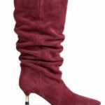 Cizme Înalte Slouchy Bordeau din Piele Întoarsă (Suede) cu Vârf Ascuțit și Toc Kitten Sculptural Metalic Auriu