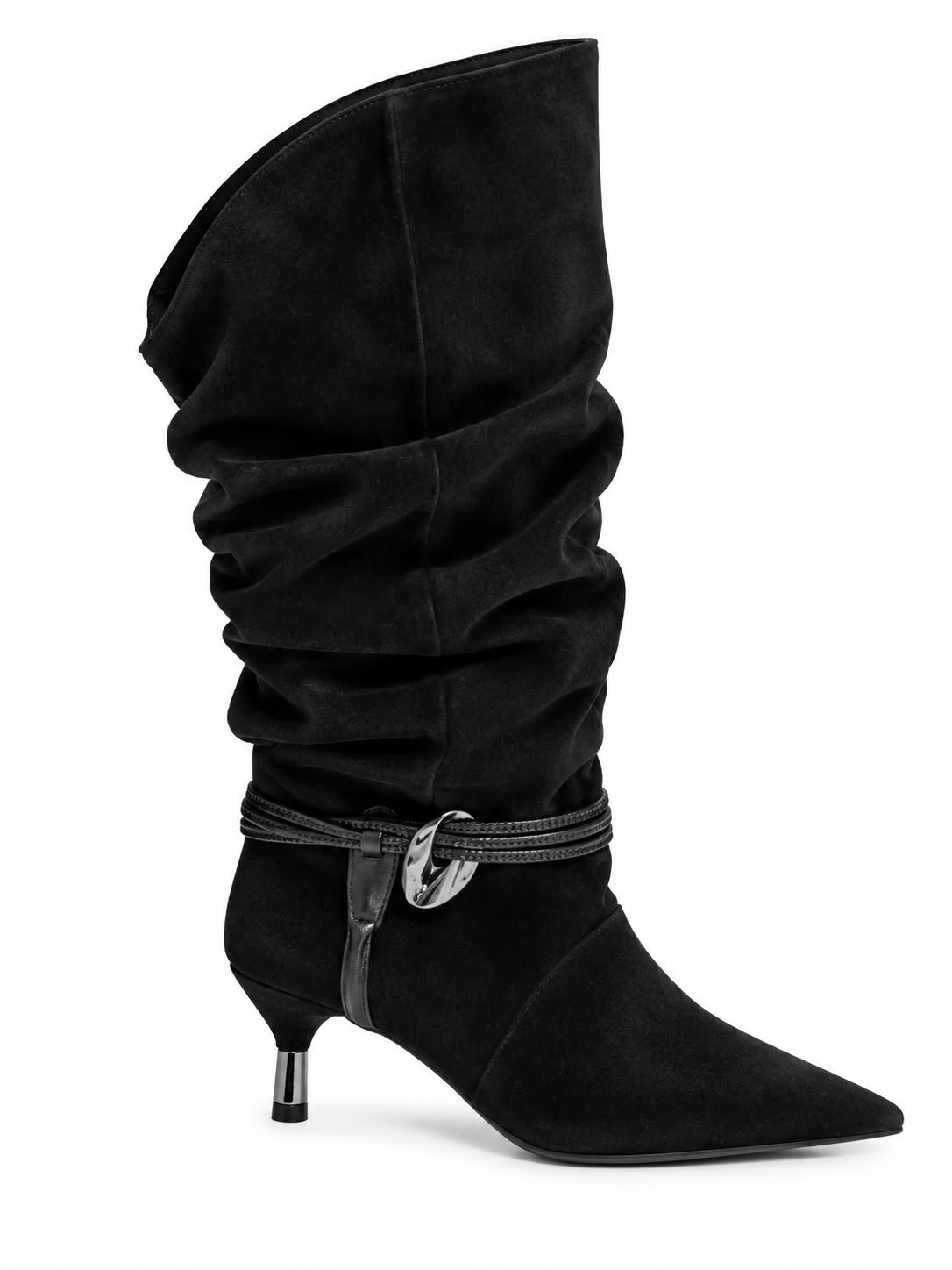 WhatsApp Image 2026-09-07 at 07.31.46 Cizme Înalte Slouchy Negre din Piele Întoarsă (Suede) cu Vârf Ascuțit, Toc Kitten Sculptural Metalic și Curea Răsucită cu Pandantiv Organic - imagine 1