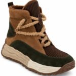 Ghete Înalte Hibride Stil Hiking/Sneakers Maro-Tabac și Verde-Pădure din Piele Întoarsă (Suede) și Catifea Râiată cu Șireturi Bouclé și Talpă Organică Sculptată