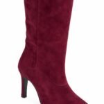 Cizme Medii Bordeau din Piele Întoarsă (Suede) cu Vârf Ascuțit și Toc Stiletto Arhitectural