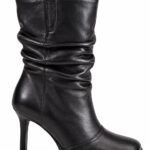 Cizme Medii Slouchy Negre din Piele Netedă cu Vârf Pătrat Modern, Toc Stiletto Sculptural și Capsă Metalică Argintie