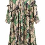 Rochie Lungă Tip Cămașă din Mătase/Vâscoză Imprimată cu Motiuri Botanice Abstracte, Volănașe Sub-Bust și Șnururi Fundă pe Mâneci