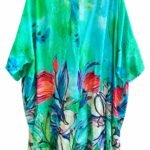 Rochie Scurtă Tip Tunică/Kaftan din Mătase Imprimată Watercolor cu Motiuri Florale Tropicale, Guler Tunica și Mâneci Kimono Oversized