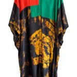 Rochie Lungă Tip Tunică/Kaftan din Mătase cu Color-Blocking Geometric și Imprimeu Tie-Dye Acid în Tonuri de Galben-Chihlimbar și Negru-Obsidian
