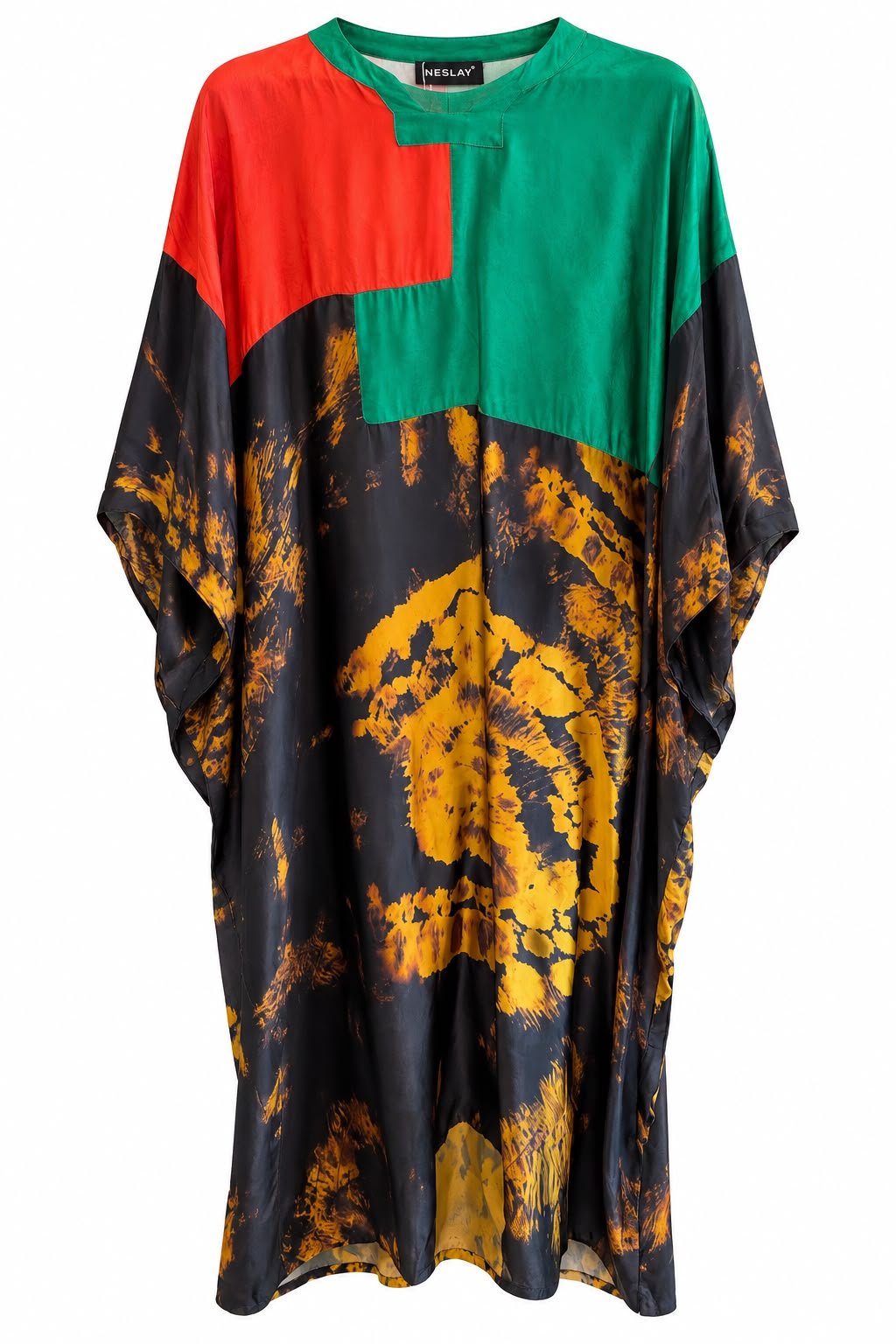 WhatsApp Image 2026-09-08 at 06.57.37 (4) Rochie Lungă Tip Tunică/Kaftan din Mătase cu Color-Blocking Geometric și Imprimeu Tie-Dye Acid în Tonuri de Galben-Chihlimbar și Negru-Obsidian - imagine 1