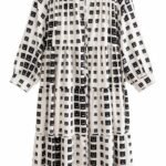 Rochie Lungă Tip Cămașă în Etaje din Mătase/Vâscoză Alb-Ecru cu Imprimeu Geometric Minimalist „Pixel-Faces” Monocrom