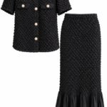 Set Negru din Două Piese cu Textură Matelassé/Popcorn 3D, Bluză Stil Jachetă Bouclé cu Nasturi Perlați și Fustă Midi Sirenă cu Volan din Organza