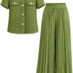 Set Verde-Măsliniu din Două Piese cu Bluză Jachetă 3D Matelassé/Popcorn, Nasturi Perlați și Pantaloni Palazzo Plisați