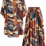 Set Două Piese din Mătase/Vâscoză Imprimată Psychedelic Retro-Abstract cu Bluză Tunică Oversized, Decolteu Drapat și Fustă Maxi Cloș