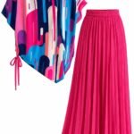Set Două Piese Plisate cu Poncho Asimetric Imprimat Pop-Art și Fustă Cloș Maxi Roz-Fuchsia