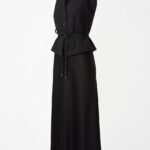 Set Negru din Două Piese din Lână Fină cu Vestă Peplum Cambrată, Cordon Snur și Fustă Cloș Lungă