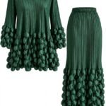 Set Verde-Smarald din Două Piese Plisate cu Textură Popcorn/Bubble 3D, Bluză Tunica cu Decolteu în V și Fustă Midi Clopot