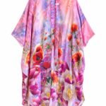 Rochie Scurtă Tip Tunică/Kaftan din Mătase Imprimată Watercolor cu Motive Florale de Maci și Magnolia, Guler Tunica și Mâneci Kimono Oversized