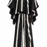 Set Negru din Două Piese cu Bluză Cropped Drapată Tip Capă și Pantaloni Lărgi cu Dungă Sculpturală din In Neprelucrat cu Margini Deconstruite