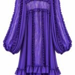 Rochie Scurtă Violet-Ultra din Voal de Mătase și Dantelă Chantilly cu Insertii de Volănașe Victoriane și Mâneci Bufante