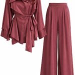 Set Roz-Prăfuit / Bordo-Dusty din Două Piese cu Cămașă-Trench Asimetrică, Aplicație 3D din Paiete, Cordon în Talie și Pantaloni Tailored Lărgi