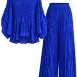 Set Albastru-Cobalt din Două Piese cu Bluză Peplum Plisată, Textură Chevron Smocked 3D și Pantaloni Palazzo Micro-Plisați