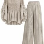 Set Gri-Pudrat / Bej-Taupe din Două Piese cu Bluză Peplum Plisată, Textură Chevron Smocked 3D și Pantaloni Palazzo Micro-Plisați