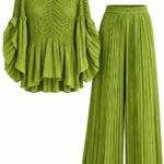 Set Verde-Fistic din Două Piese cu Bluză Peplum Plisată, Textură Chevron Smocked 3D și Pantaloni Palazzo Micro-Plisați
