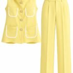 Set Galben-Lămâie din Două Piese cu Vestă-Sacou Fără Mâneci, Buzunare Aplicate cu Bordo Alb, Nasturi Perlați-Bijuterie și Pantaloni Tailored Lărgi