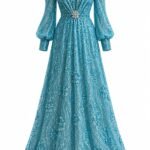 Rochie Lungă Turcoaz-Cleștar cu Decopertare Keyhole, Broderie Manuală din Cristale, Perle și Broșe-Flori 3D