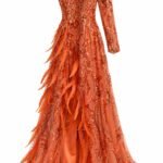 Rochie Lungă Portocaliu-Incandescent Asimetrică pe Un Umăr cu Broderie Manuală din Mărgele, Paiete și Cascadă de Pene Exotice