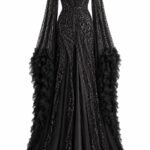 Rochie de Seară Negru-Obsidian Couture din Tul și Mătase cu Inkrustații de Paiete, Mărgele și Mâneci Spintecate cu Volane Voluminoase
