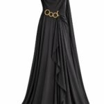 Rochie de Seară Negru-Obsidian Couture Fluidă pe un Umăr cu Drapaje Antice și Aplicații Aurii Sculpturale