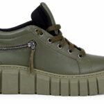 Ghete Scurte Verde-Măsliniu cu Talpă Platformă Dentată, Fermoar Metalic Lateral Decorative și Limba Textilă Mată