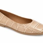 Balerini Bej-Unt din Piele Press-Croc Embossed cu Vârf Pătrat Rotunjit și Talpă Joasă Flexibilă