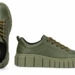 Sneakers Verde-Măsliniu cu Talpă Platformă Sculpturală, Perforații Laterale Decorate și Închidere cu Șireturi Robustă
