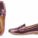 Mocasini Roz-Fucsia Metalizat din Piele Snake-Embossed cu Catană Dublă și Vârf Pătrat Rotunjit