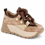 Sneakers Chunky Bej-Camel & Maro cu Șireturi Groase Torsionate, Ținte Aurii și Talpă Sculpturală Încrustată cu Coduri Grafice