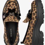 Mocasini Chunky Leopard din Pervaz de Păr de Vițel cu Talpă Platformă Dentată, Funde din Catifea Neagră și Fluturi Argintii Sculpturali