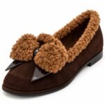Mocasini Maro-Ciocolată din Piele Întoarsă cu Bordură Shearling/Bouclé Camel, Fundă Tridimensională și Detalii din Piele Lăcuită