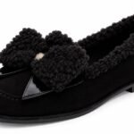Mocasini Negri-Obsidian din Piele Întoarsă cu Bordură Shearling/Bouclé, Fundă Tridimensională și Detalii din Piele Lăcuită