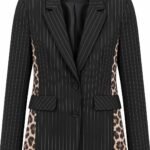 Sacou Single-Breasted Negru cu Dungi Fine și Inserții Laterale Leopard Les Femmes Paris