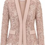 Sacou Roz-Pudrat / Nude Rinascimento din Dantelă Chantilly 3D cu Aplicații Florale din Panglică și Rever Șal din Satin