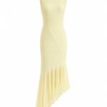 Rochie Midi Galben-Pai din Tricot Plisat Diagonal cu Volan Asimetric Fluid din Voal
