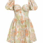 Rochie Scurtă Corset din Bumbac Imprimat Paisley/Damask cu Decolteu Inimă și Mâneci Bufante